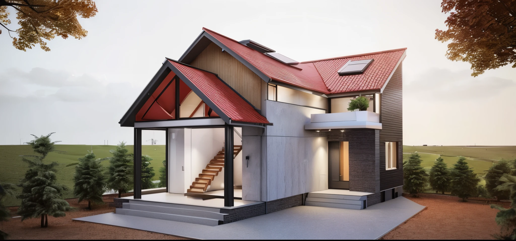 a rendering of a house with a staircase and a red roof, passive house, vue 3d render, complete house, front-view, sketch - up, 3/4 view, 3 / 4 view, render 3 d, concept house, comprehensive 2 d render, simple gable roofs, detail render, 3d rendering, 3 d rendering, 3d max render