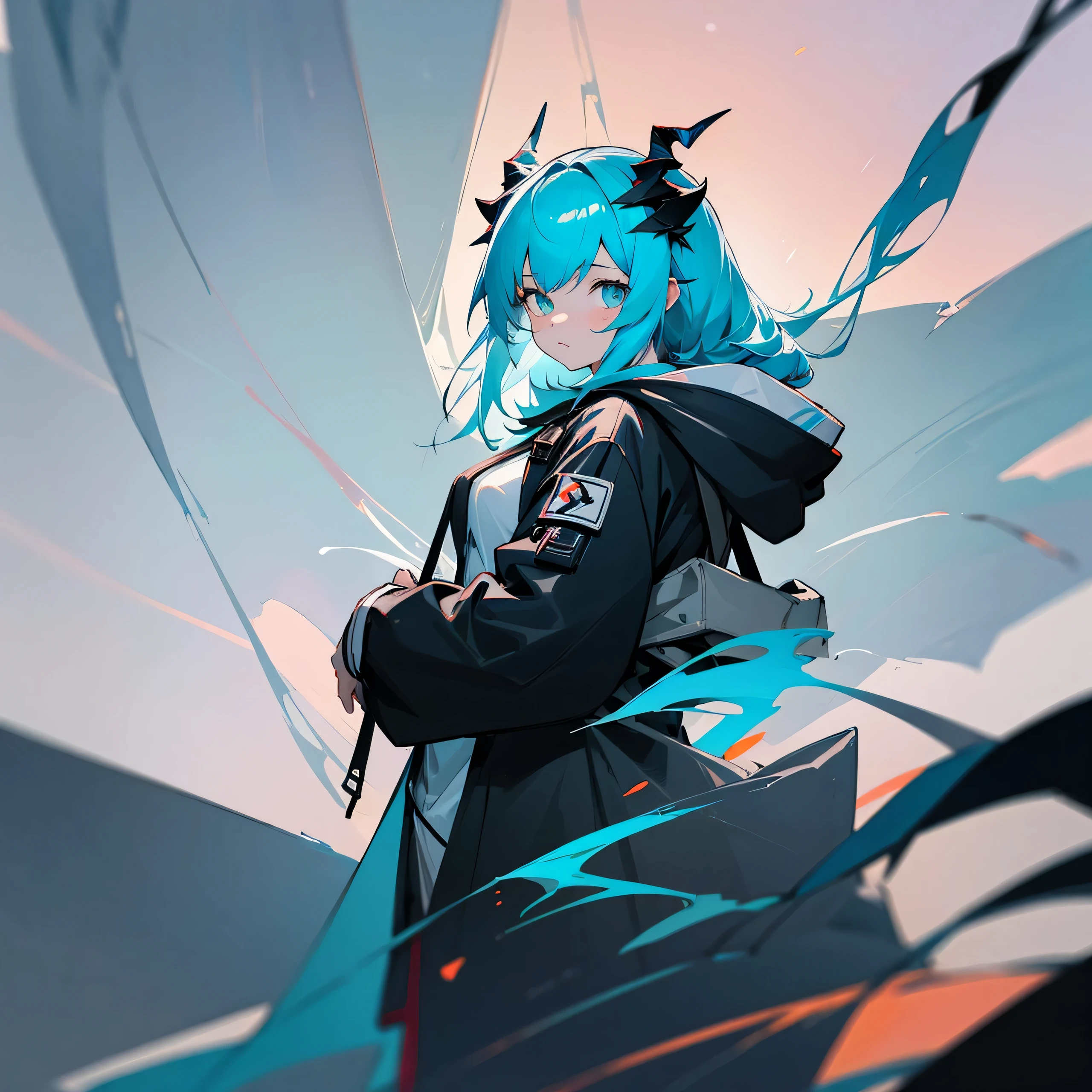 1girl, jacket, outdoor, hoodie, open jacket, chain,cute, kawai, looking at another, trending on artstation, 8k resolution, highly detailed, anatomically correct, sharp image, digital painting, concept art, trending on pixiv, soft femenine colors, cyan ,monocromatic colors, black and white, attractive aspect, hot look, arknights looks, arknights anime, horns, simple background