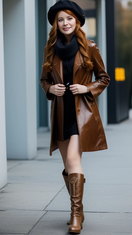 gorgeous, pretty, warm-hearted, kind-hearted, brighty, cheerful, sweet, polite, sensitive, sensible, shiny, charming, stylish, long ginger wavy haired russian woman, she is dressed with a long leather coat, boots, beret and scarf