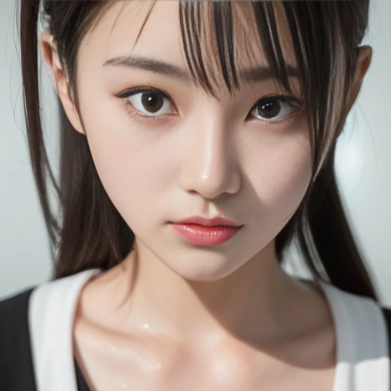 real life, twin tail,(squint eyes:1.5), red eyes, gradient black to blonde hair, blunt bangs, medium length hair, see viewer