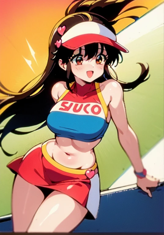 asusugo, 1girl, solo, visor cap, heart, crop top, retro artstyle, open mouth, smile, floating hair, wind, race queen, underbob,legs up