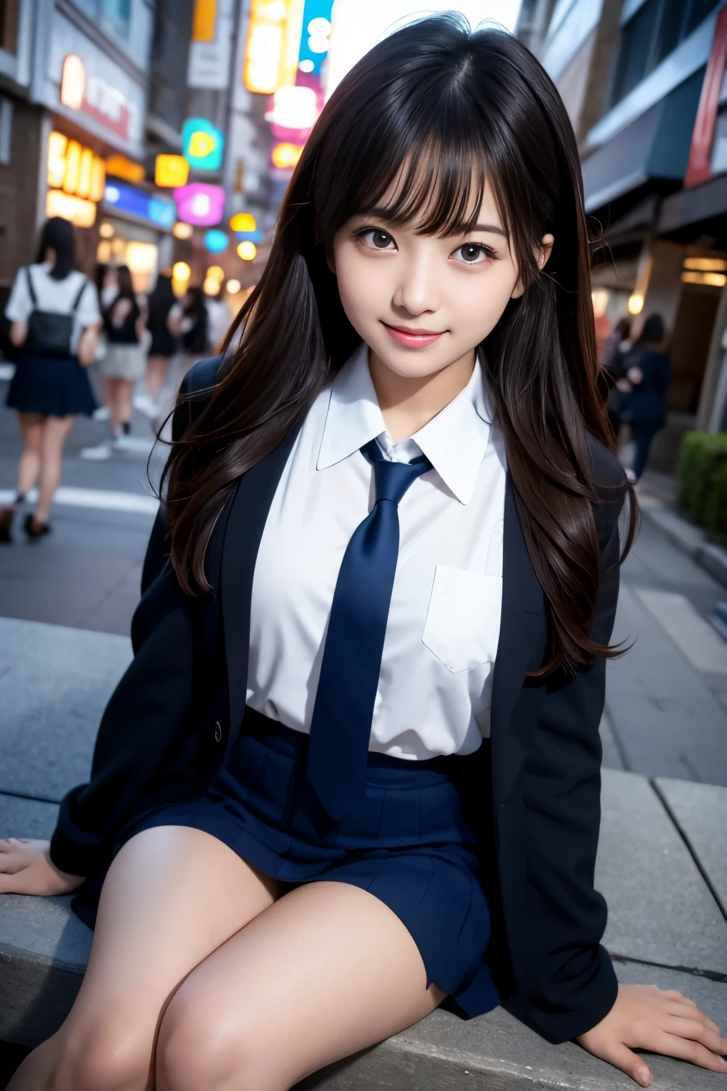 (High level image quality、high quality、highest resolution、masterpiece、Detail、strobe shooting)、looking at the camera、light brown long straight hair、She wears a navy blue blazer with a high neck. .)、(She is wearing a navy blue checked skirt..)、He is wearing an open collar white shirt for students..、wearing white panties、Wearing white socks、she wears black loafers、have a student bag、(Flip your skirt over with both hands)、(Spread your legs wide apart)、Shooting from a low angle、 (Shinjuku daytime alley)、(me'm on a sidewalk lined with stores.)
