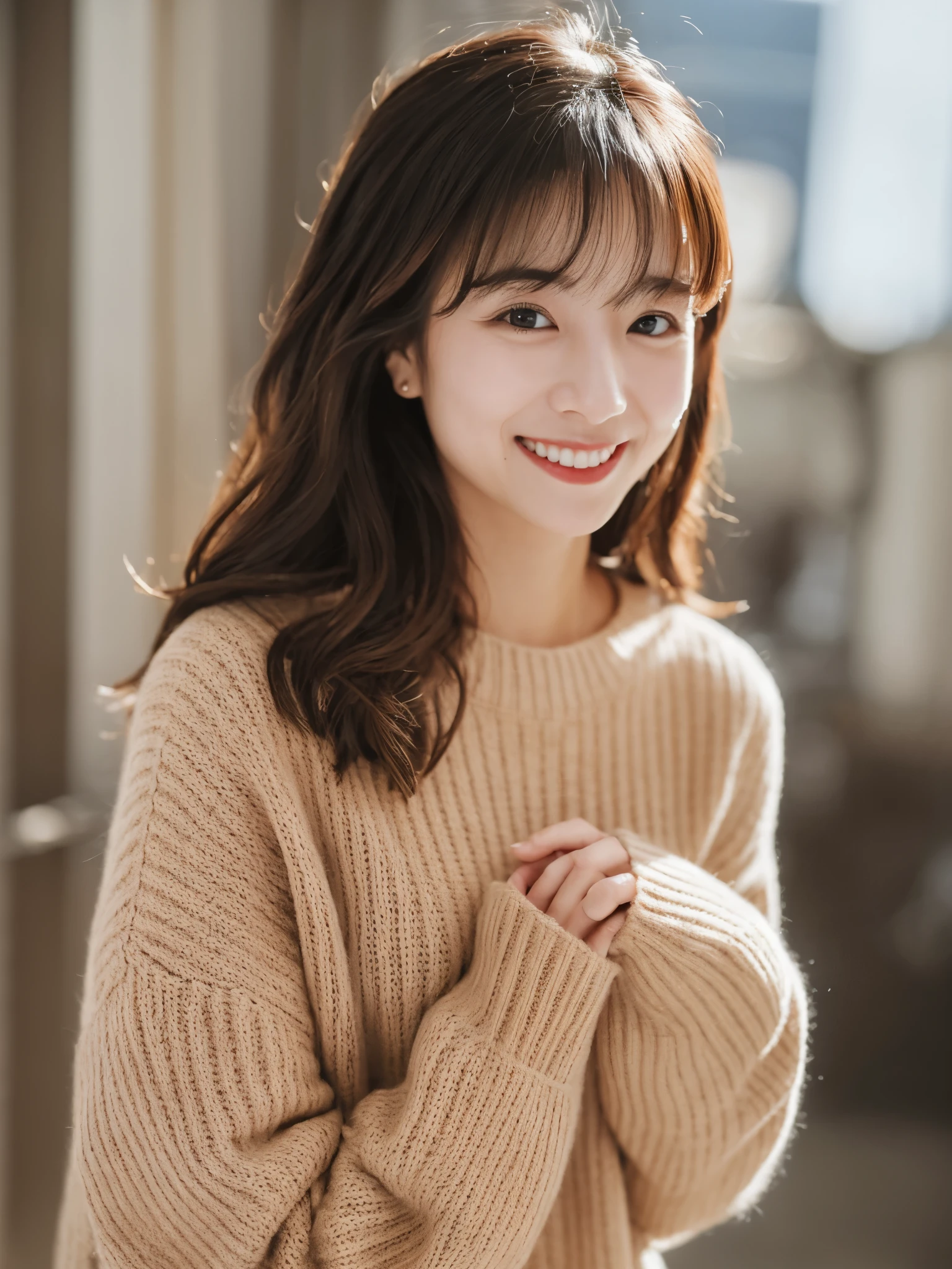 edgy pinterest woman, Japanese, 30 years old, wearing a oversized sweater, happy, dimples, natural look, sunny, soft lighting, emotional, grainy