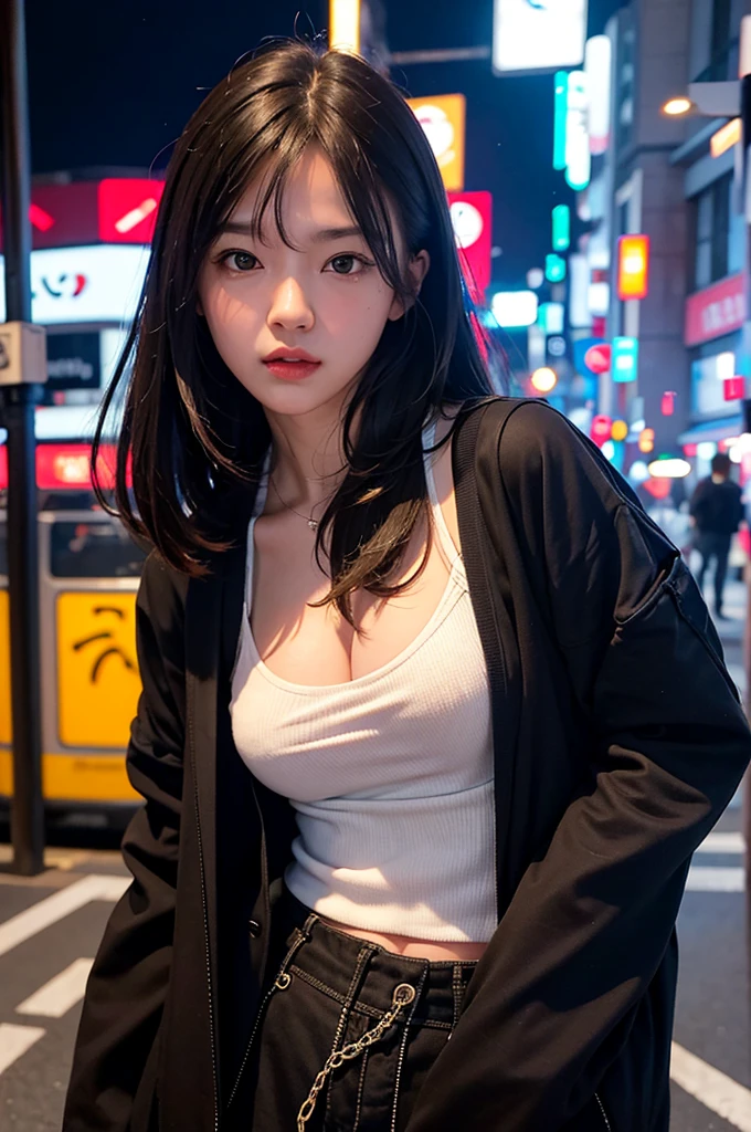 Beautiful woman、Japanese、Black bomber jacket、(((topless)))、White panties、Sharp Eyes、The streets of the city at night