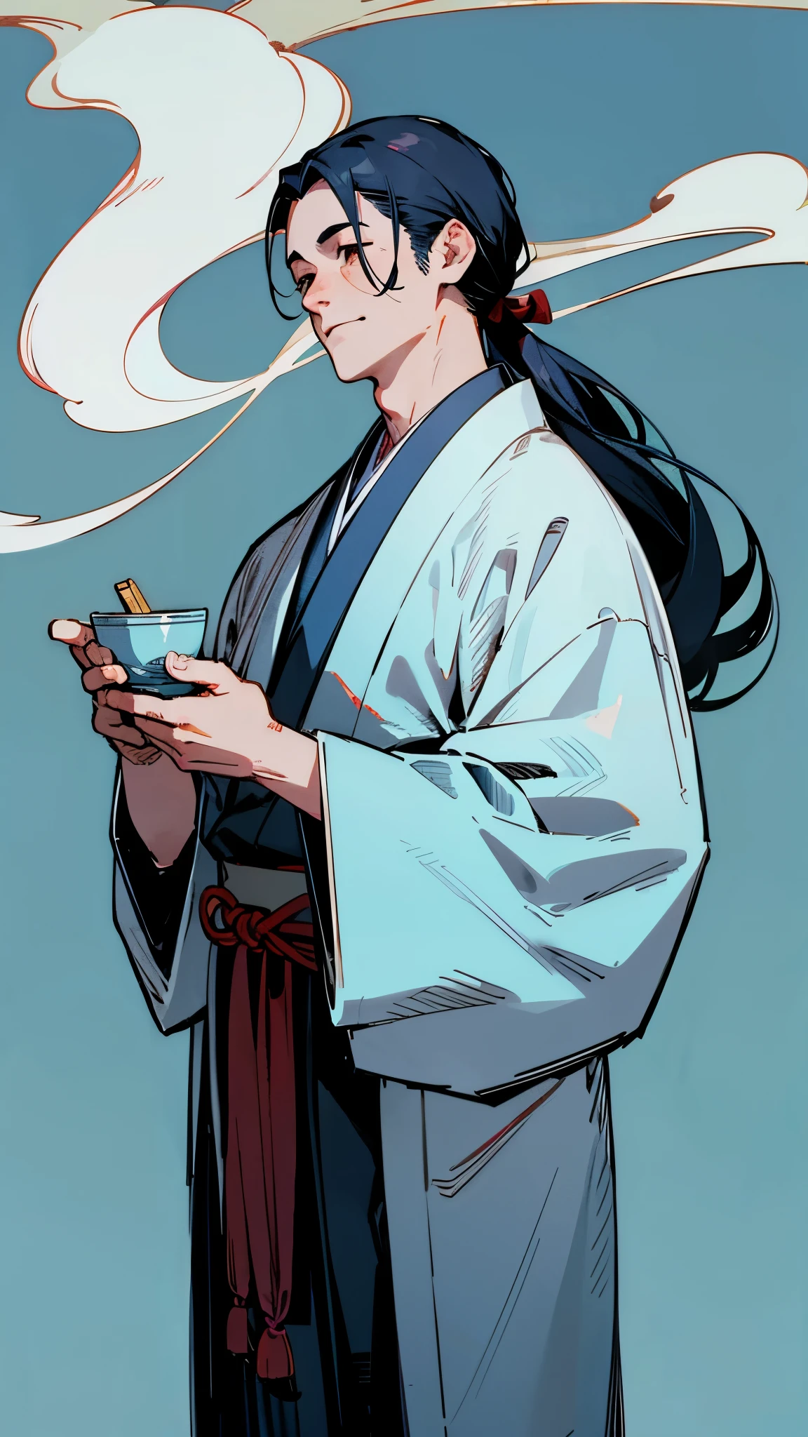 a handsome man, wear a Traditional Japanese clothes, blue tones, happy, warm face, Rosy cheeks, long TIED back hair