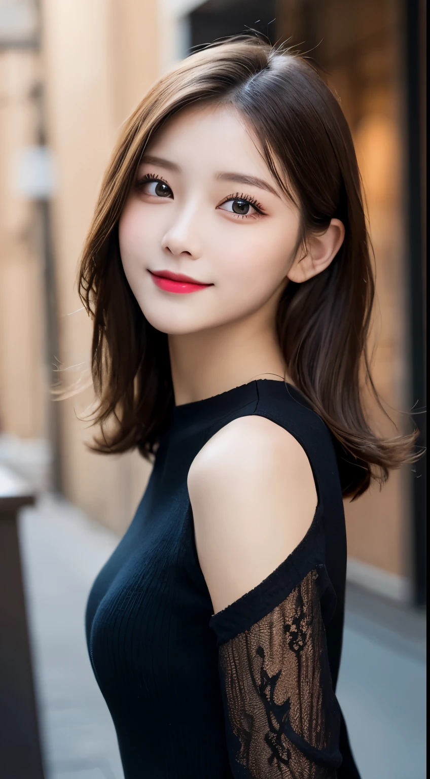 table top, highest quality, shape, Super detailed, finely, High resolution, 8k wallpaper, 完璧なダイナミックな構shape, beautiful and detailed eyes, medium hair, small breasts, natural color lip, random sexy pose,smile,big city、20 year old girl、midnight、beautiful and detailed face、perfect and beautiful face,Big eyes、beautiful detailed face、blur the background、latest trend luxury winter dresses(black、setting)、pretty face
