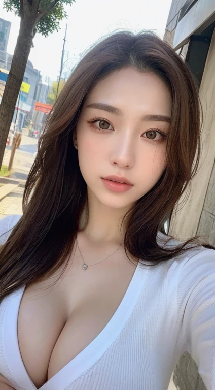 ((best quality, 8K, master piece:1.3)), sharp:1.2, beautiful woman with perfect figure:1.4, slim abs:1.2, ((layered hairstyles, huge tit:1.3,cleavage:1.2)), (Long shirt with sheer white buttons:1.1),(rain,street:1.2),get wet:1.5,Highly detailed face and skin texture,detailed eye,double eyelid,look sideways at the camera