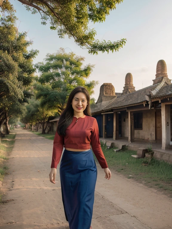 ရင်ဖုံး

a beautiful girl with cute dimples, smiling, wearing burmese dress, walking in Bagan's street, ACMM LS OUTFIT, WEARING ACMM TOP (dark blue atom)--(red atom)- ACMM TOP; LONG SLEEVES, WEARING ACMM LONG SKIRT,(dark blue atom)--(red atom)- ACMM LONG SKIRT, PRINTED SKIRT OUTDOORS, SCENERY, TRADITIONAL MEDIA, SKY, DAY, PHOTO BACKGROUND, REAL WORLD LOCATION, ARCHITECTURE, NATURE, RUINS LANDSCAPE, BAGAN ANCIENT PAGODA BACKGROUND