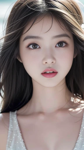 (Imada Mio:0,9), (Jisoo:0.5), (Image, portrait), Photos of young Japanese women named Haruka Xuan Anh, 29 years old, ((young Japanese actress, Round face, japanese beauty, big eyes)), nature face, cute face, ((double eyelids, long eyelashs)), brown hair, brown eyes, attractive lips, stunningly beautiful woman, posing like a professional model, feminine form, cleavage, stunningly gorgeous, smile, happy, cheerful, film photography, extreme detail, 4k, ultra hd, hyperrealism, trending on artstation, polished, photorealistic, backlight, hair light, 8k ultra hd., Passionately teen , Perfect body , ((Full body clothed view)), Tall , Skinny legs, Thigh big gap , Babe , Long legs , Beautifull, Doll facial features , Pale skin , Soft redish skin, long neck, Perfect round lips , Ultra detailed eyes, (Amazing facial features), Looking forward, True - Life , aesthetic studio room , Reflector light , Masterpiece, Realistic, Textured skin , Highest-quality , High Detailed photo , 8k, Canon EF 50mm f/1.8 STM, High detail RAW color art, animation, realistic, (((ultradetaled elegant, beautiful face))), white skin, (nature makeup), wearing black and white latex, fairytale atmosphere, ((long brown soft waves hair)), (focus on face), (((sunshine sea and background))), (detailed skin, skin texture), (intricately detailed, fine details, hyperdetailed), raytracing, subsurface scattering, diffused soft lighting, shallow depth of field, photographed on a Canon EOS R5, 28mm lens, F/2.8, sharp focus bokeh