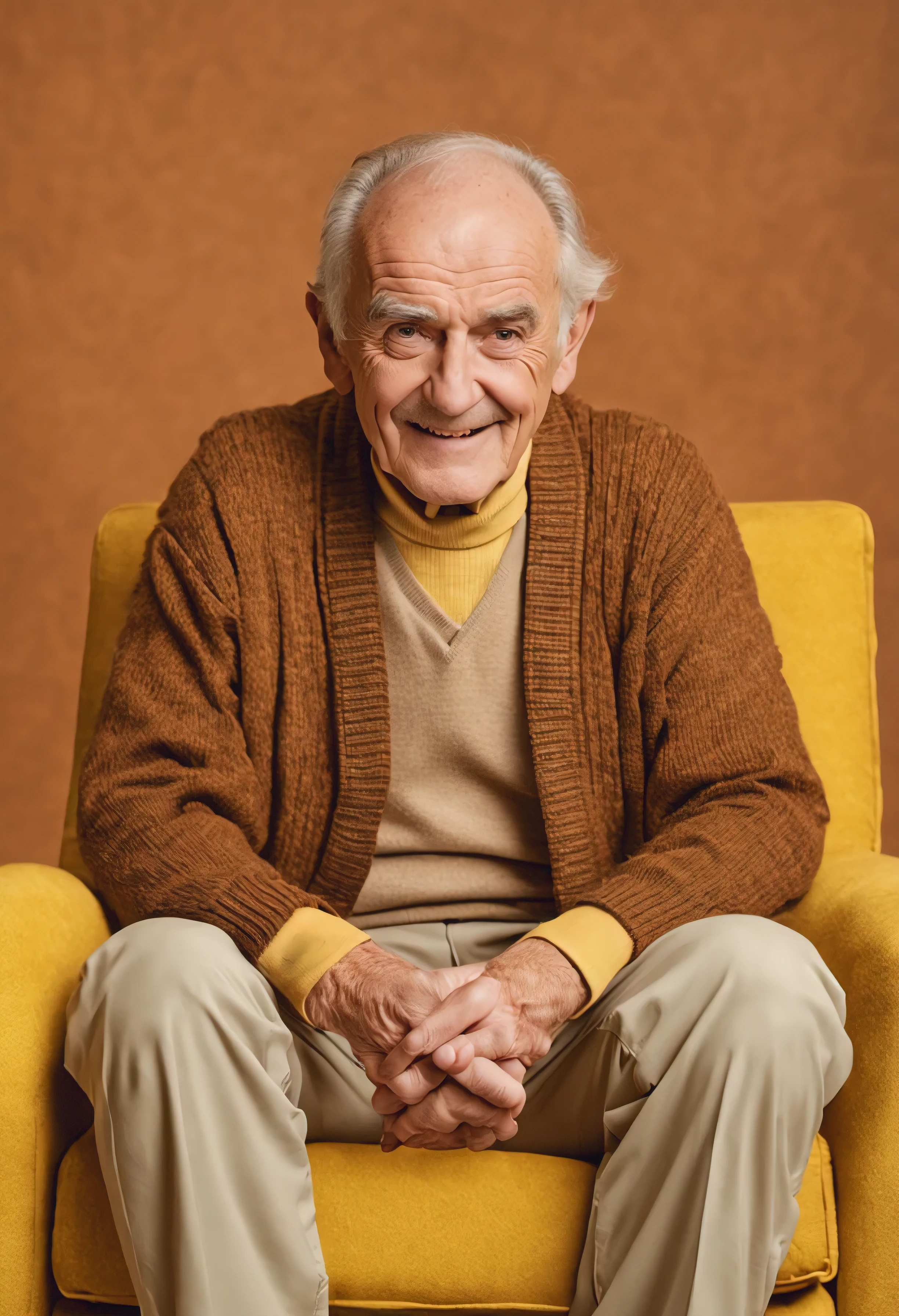 very sinister old man in a yellow skivvy and brown cardigan, smiling, 80's children's television presenter, promo photo, smug smirk, promotional portrait, promo image, television set background, sitting in an old armchair, legs crossed