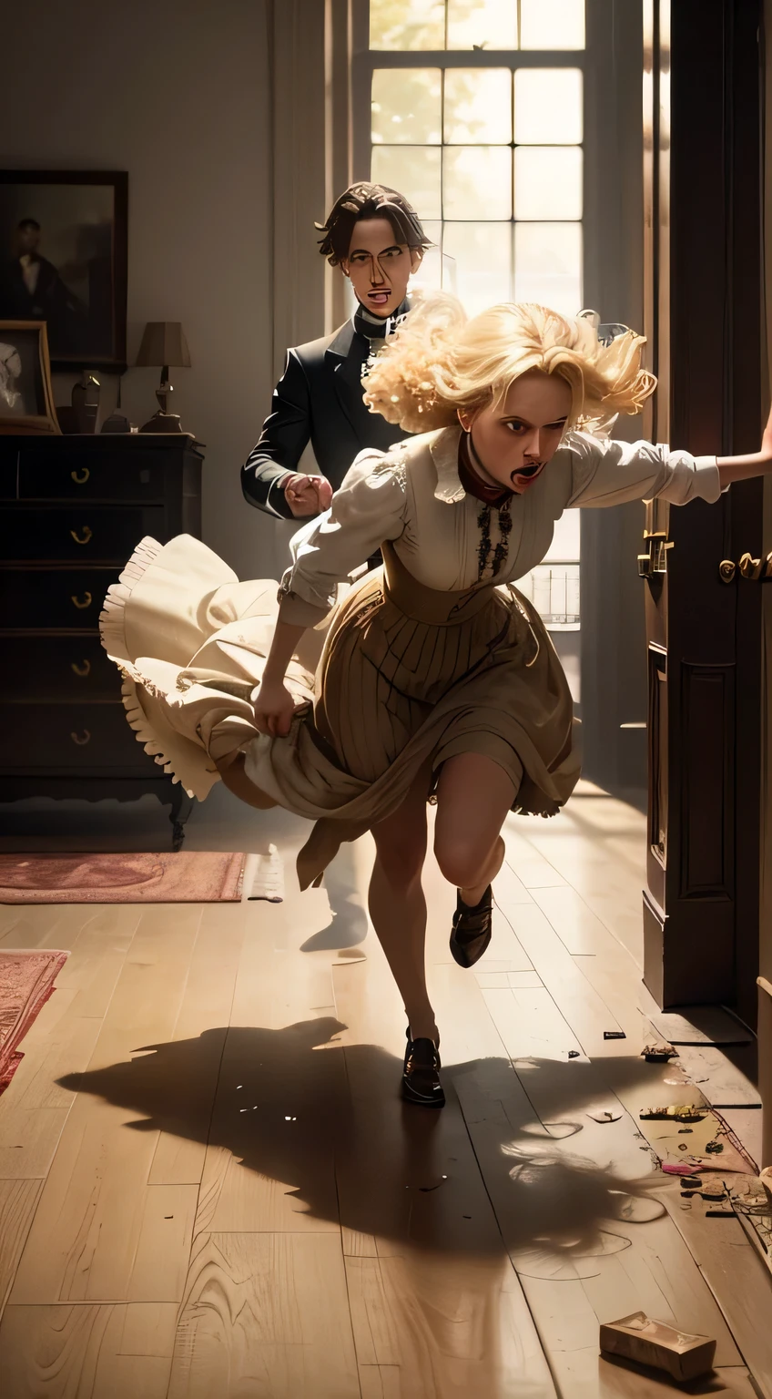 masterpiece, 19th century London, United Kingdom, woman running away from man, Man 1, Female1,  the man is angry, terrifying, she has blonde hair, Objects in the room are scattered here and there, The man&#39;s hair is matted, Urgent Situation,