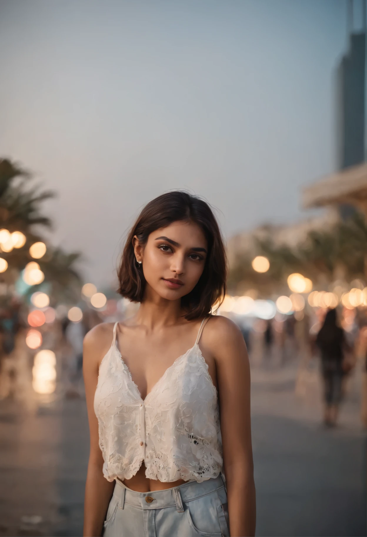 Skinny indian girl with short lob hair,travellers, in the style of rap aesthetics, girl，dubai , uae，make for a memorable photo.      The background is to the of traditional arab streets and vibrant nightlife，photo taken with fujifilm superia, charly amani, oversized portraits, babycore, upper body, crowded busy street