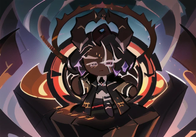 Dark Chocolate Churros Cookie, Dark Brown Hair, short hair, curly hair, spiked hair, demon horns, scar across eye, Prince Suit, Surrealism, By Guillaume Renard, Artist: Kim Sujeong , 8k, 1080P