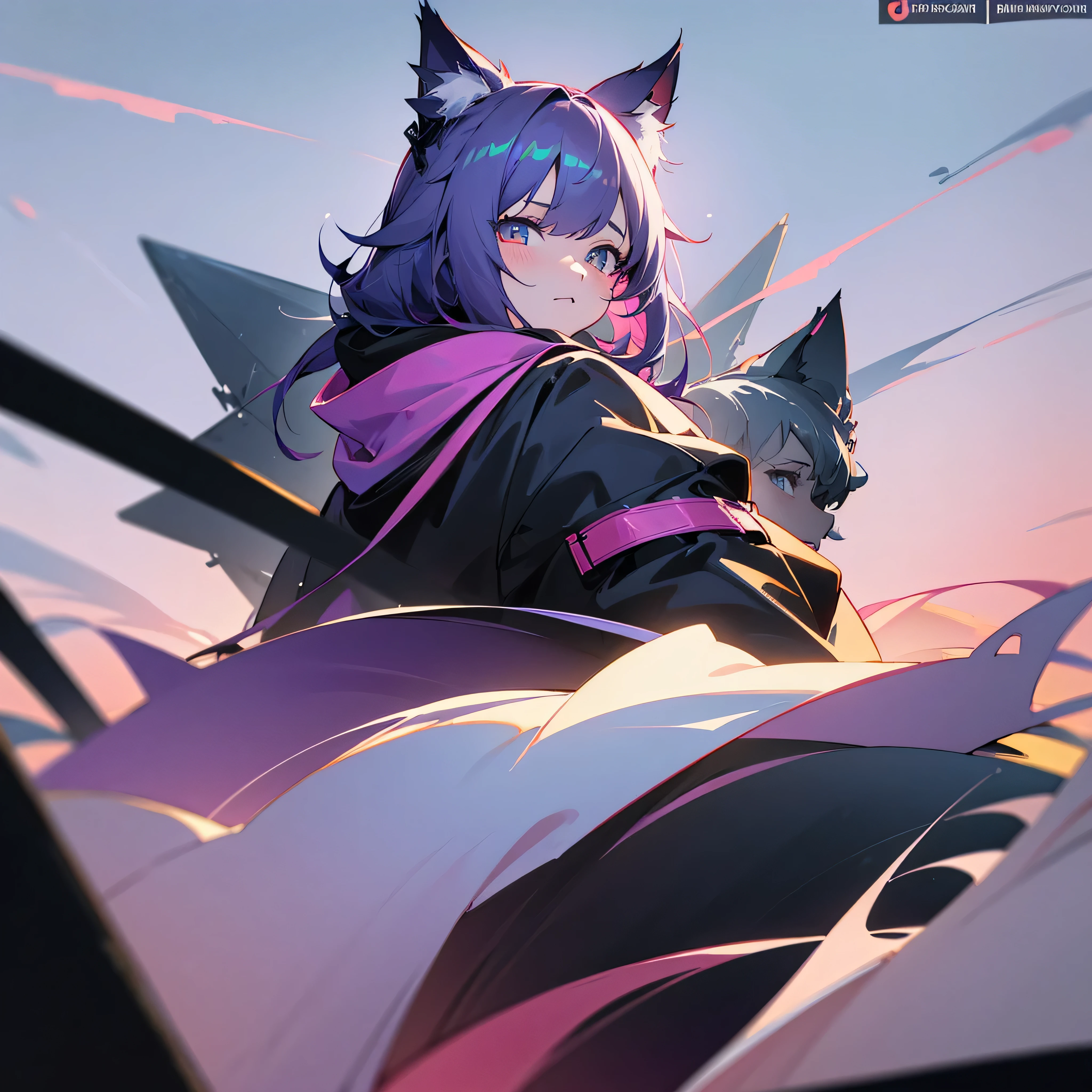 1girl, jacket, outdoor, hoodie, open jacket, chain,cute, kawai, looking at another, trending on artstation, 8k resolution, highly detailed, anatomically correct, sharp image, digital painting, concept art, trending on pixiv, soft femenine colors, purple, fucsia ,monocromatic colors, black and white, attractive aspect, hot look, arknights looks, arknights anime, cat ears, simple background, detailed eyes