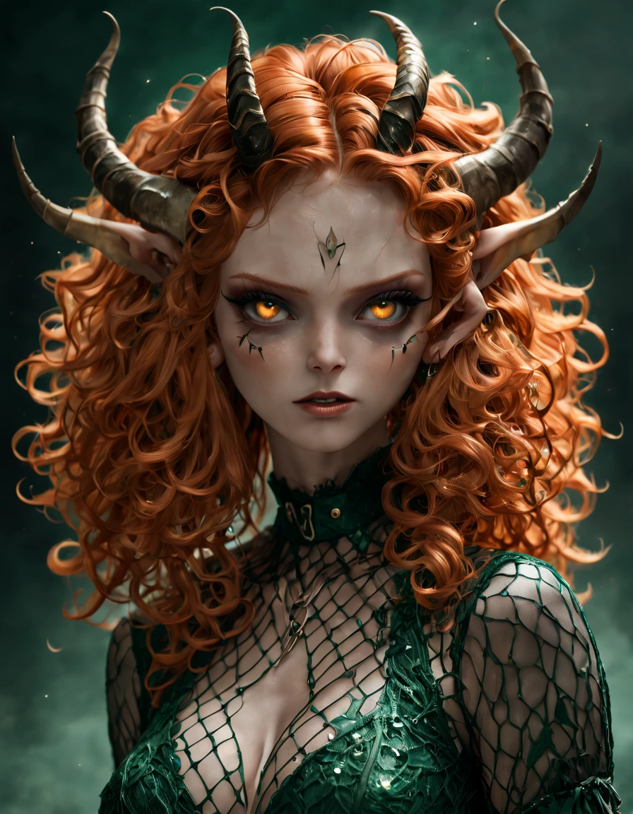 Ginger girl, demon girl, very angry, ((full smokey eyes)), (messy orange curls), (insect emerald eyes), (mesh fishnet, blouse), (long intricate horns:1.2)  (best quality), highest quality, extremely detail,  8k, wallpaper, detailed and intricate,