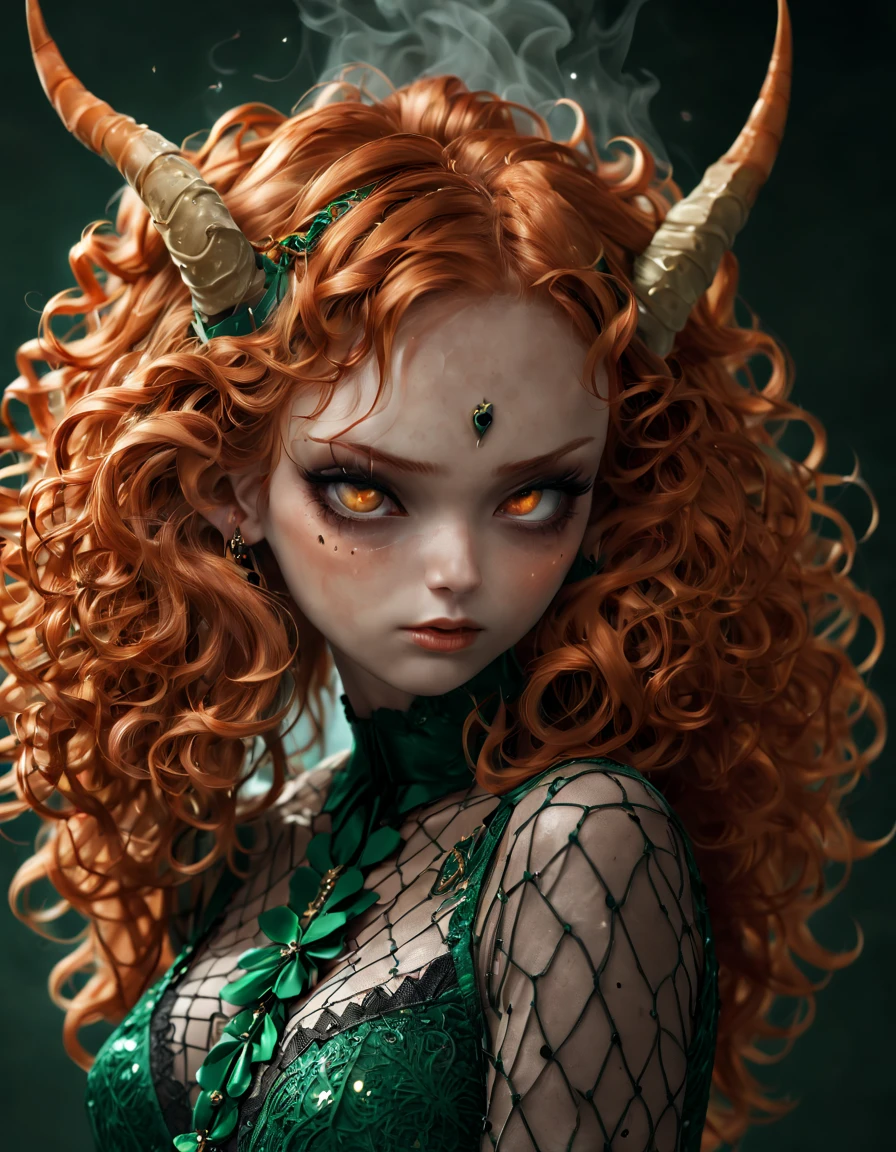 Ginger girl, demon girl, very angry, ((full smokey eyes)), (messy orange curls), (insect emerald eyes), (mesh fishnet, blouse), (long intricate horns:1.2) (best quality), highest quality, extremely detail, 8k, wallpaper, detailed and intricate,