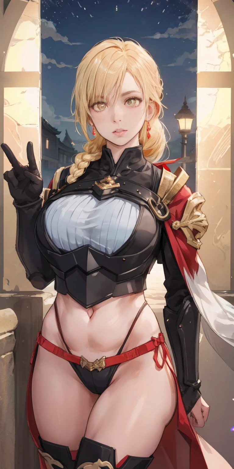 upper body of paladin lady in ornate golden armor, black collar, pauldrons, breastplate, corset, glowing halo, single braid, blonde, yellow glowing eyes, bright pupils, eye focus, red cape, temple indoors, stained glass windows, night, moonlight, particles, light beam, chromatic aberration
