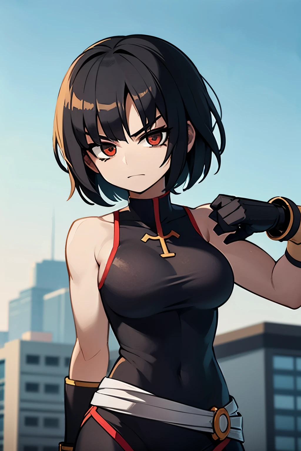Anime style image of a girl with short black hair, she has an eyepatch covering her left eye, she is muscular and her right arm is wrapped in white bandages.