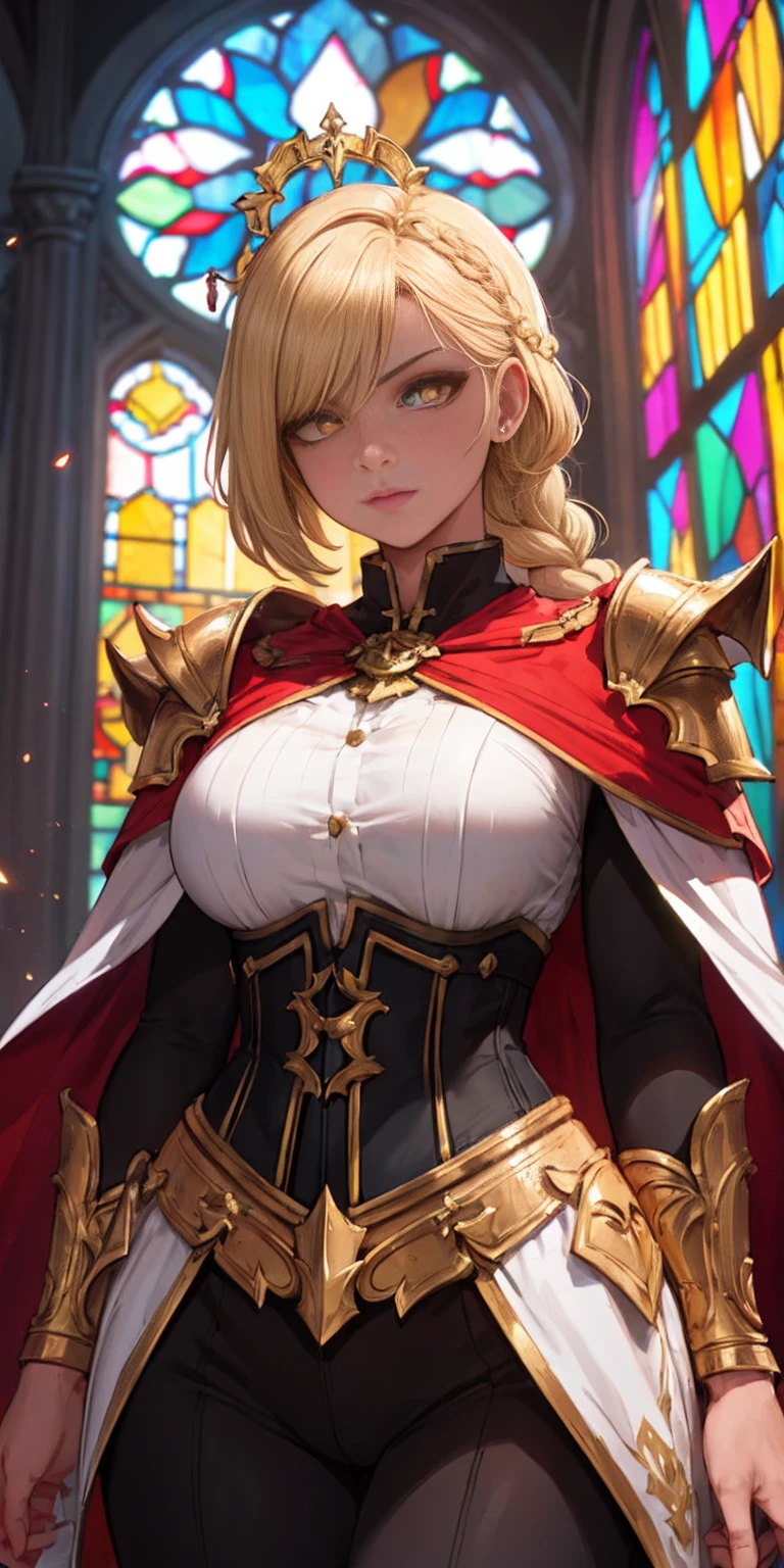 upper body of paladin lady in ornate golden armor, black collar, pauldrons, breastplate, corset, glowing halo, single braid, blonde, yellow glowing eyes, bright pupils, eye focus, red cape, temple indoors, stained glass windows, night, moonlight, particles, light beam, chromatic aberration
