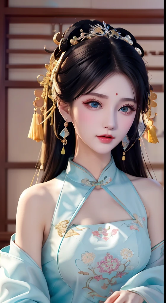 best quality, masterpiece, pretty face, 1 girl, long_hair, solo, Body的上半部分_Body, Porcelain dress,shift dress,hair accessories, necklace, jewelry, long white hair, ear nipple ring, Highly detailed Hanfu,8K resolution,ultra high resolution,A young girl, a cute girl,Short hair details,double bun hair,lipstick,Tassel earrings,necklace,Black clear eyes,光滑的hair,clavicle,Exquisite and perfect facial features, The most beautiful big eyes,long eyelashes,眼睛甜甜的还有lying silkworm,dynamic angle,Ultimate picture quality,highest precision,Precise and perfect human anatomy,(((business attire,Slim-fitting aqua blue cheongsam,embroidery))),((sitting)),Heartwarming scene,ultra high resolution,Ultra-clear retro black flowing long hair,Exquisite buns)through bangs,(long flowing hair,With a bun:1.3)),精致的clavicle,beautiful make up,Exquisite and perfect facial features,,big watery eyes,lying silkworm,long eyelashes,The eyes are sweet and have eye shadow,slim waist,don't show your hands,,lipstick,blush blush,Delicate earring earrings,stand,whole body
