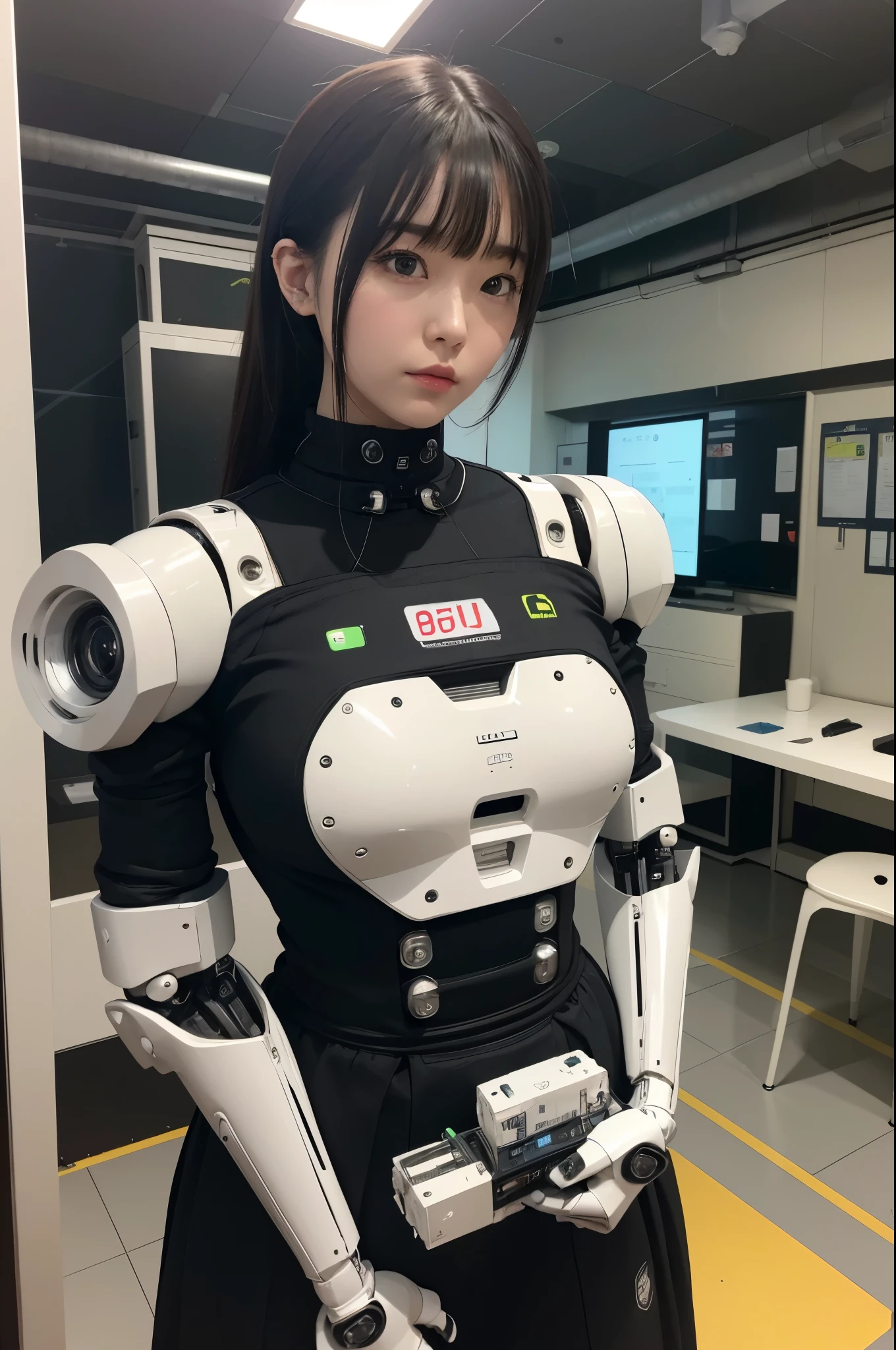 masutepiece, Best Quality, Extremely detailed, (8K, 4K, Best Quality, hight resolution, 超A high resolution:1.1), 8K Portrait,1girl in, japanese android girl,android teacher,Plump , control panels,android,Droid,Mechanical Hand, ,Robot arms and legs, Black hair,Mechanical body,Blunt bangs,White Robotics Parts,perfect robot woman,Charging spot,Long Tube,A thick cable was connected to his neck.,ceramic body ,android,robot humanoid,Slightly Chubby,pantiy,complete eyes,Perfect machine body,White robot body,plants of the future,White and black uniform,pink accent costume,she repaired,clothes with a sense of mechanical technology,Robot Factory,black sponge joint,loose boots,