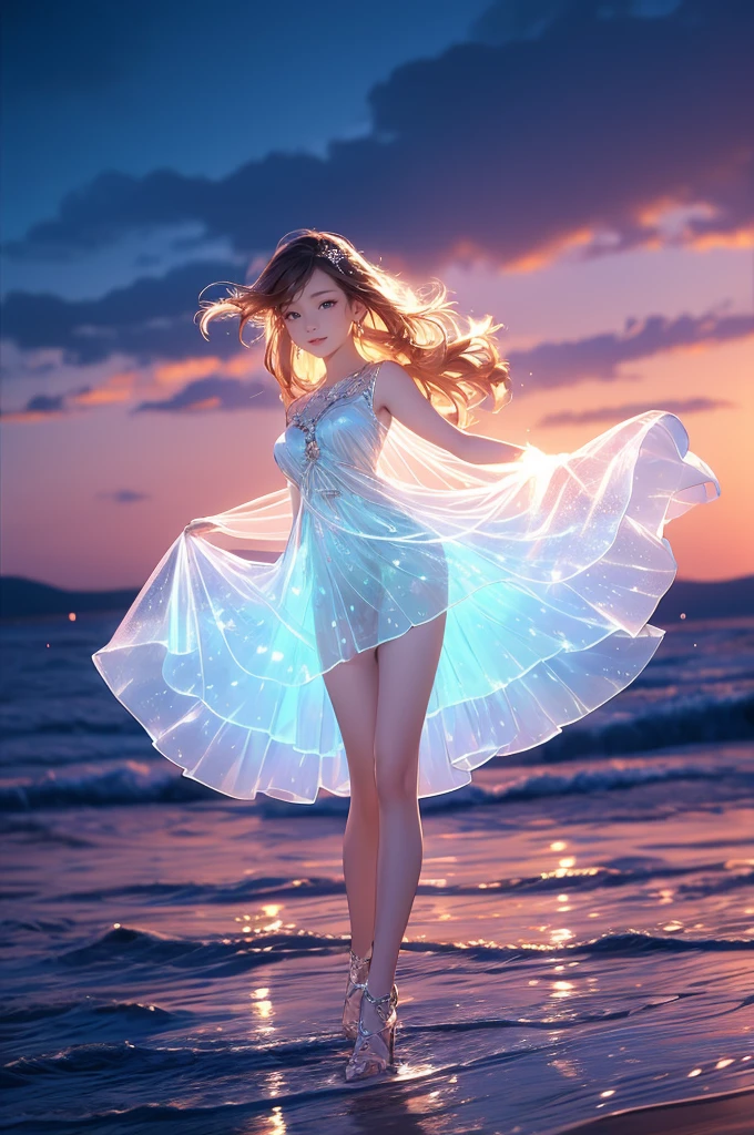 Best AI Image Generation Creator、master piece， expensive、expensive品質， movie stills， One woman，golden hair，night，night空， floating in the sky， cloudの少女， cloud， （Close-up： 1.1），  colorful， transparent body，Sparkling，full body esbian，green skirt，blue skirt，transparent clothes