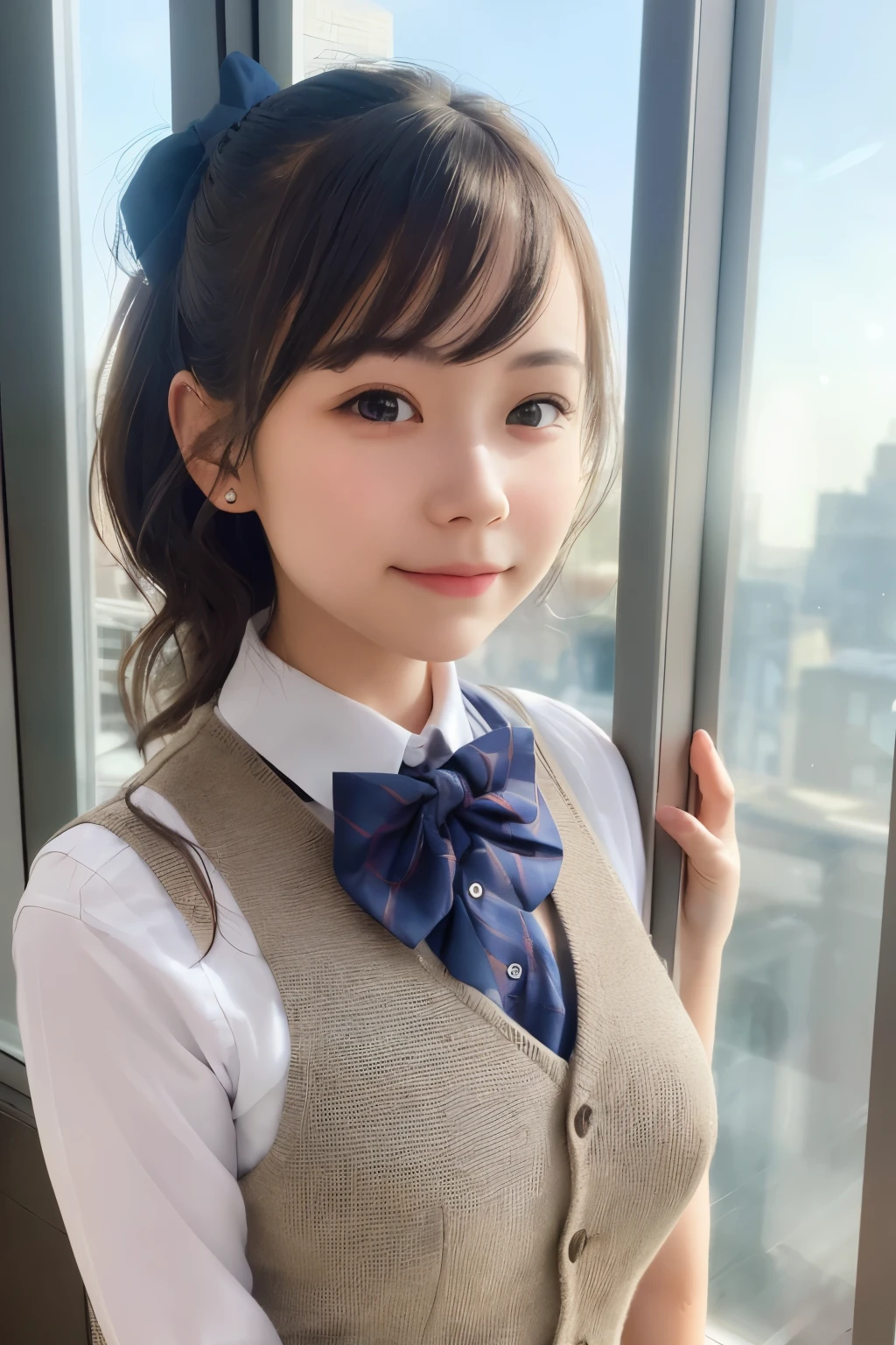 1 girl, young woman, vest, bow, photograph, realistic, highest quality, hire, detailed face, office, building from the window, detailed background, diffused sunlight, Depth of bounds written, Bokeh