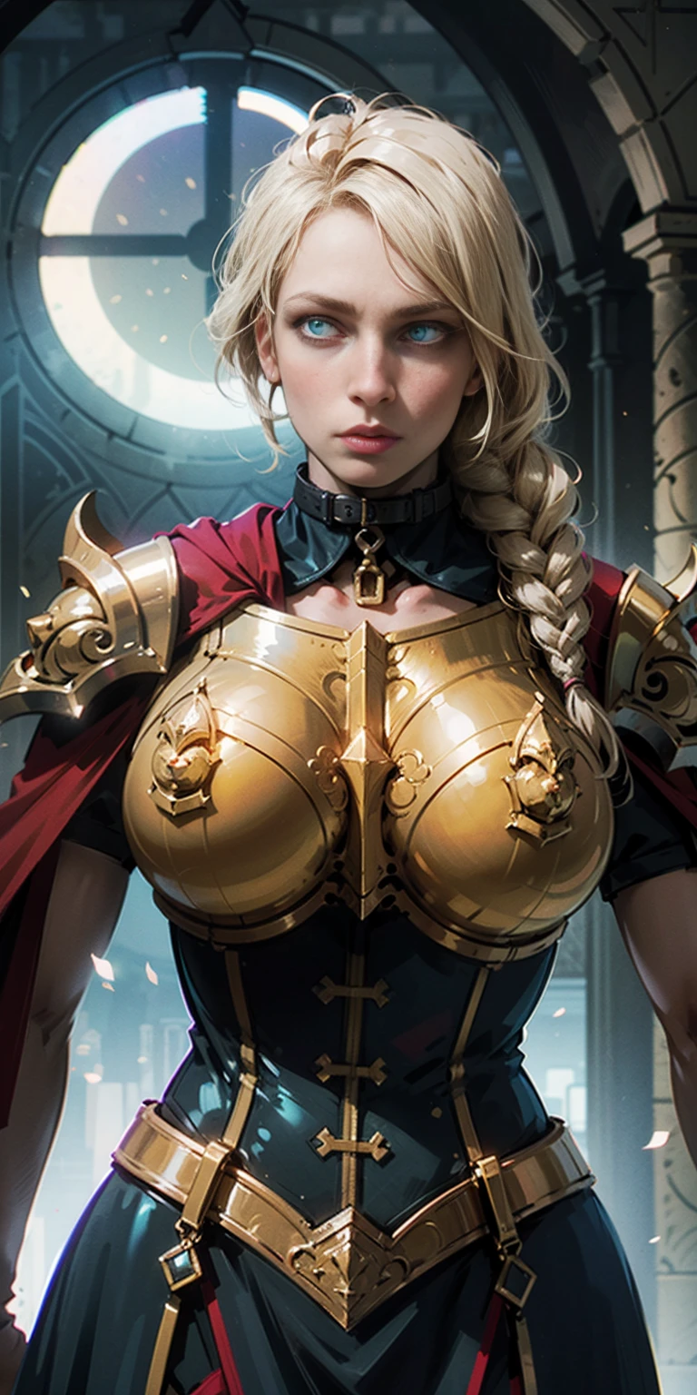upper body of paladin lady in ornate golden armor, black collar, pauldrons, breastplate, corset, glowing halo, single braid, blonde, yellow glowing eyes, bright pupils, eye focus, red cape, temple indoors, stained glass windows, night, moonlight, particles, light beam, chromatic aberration