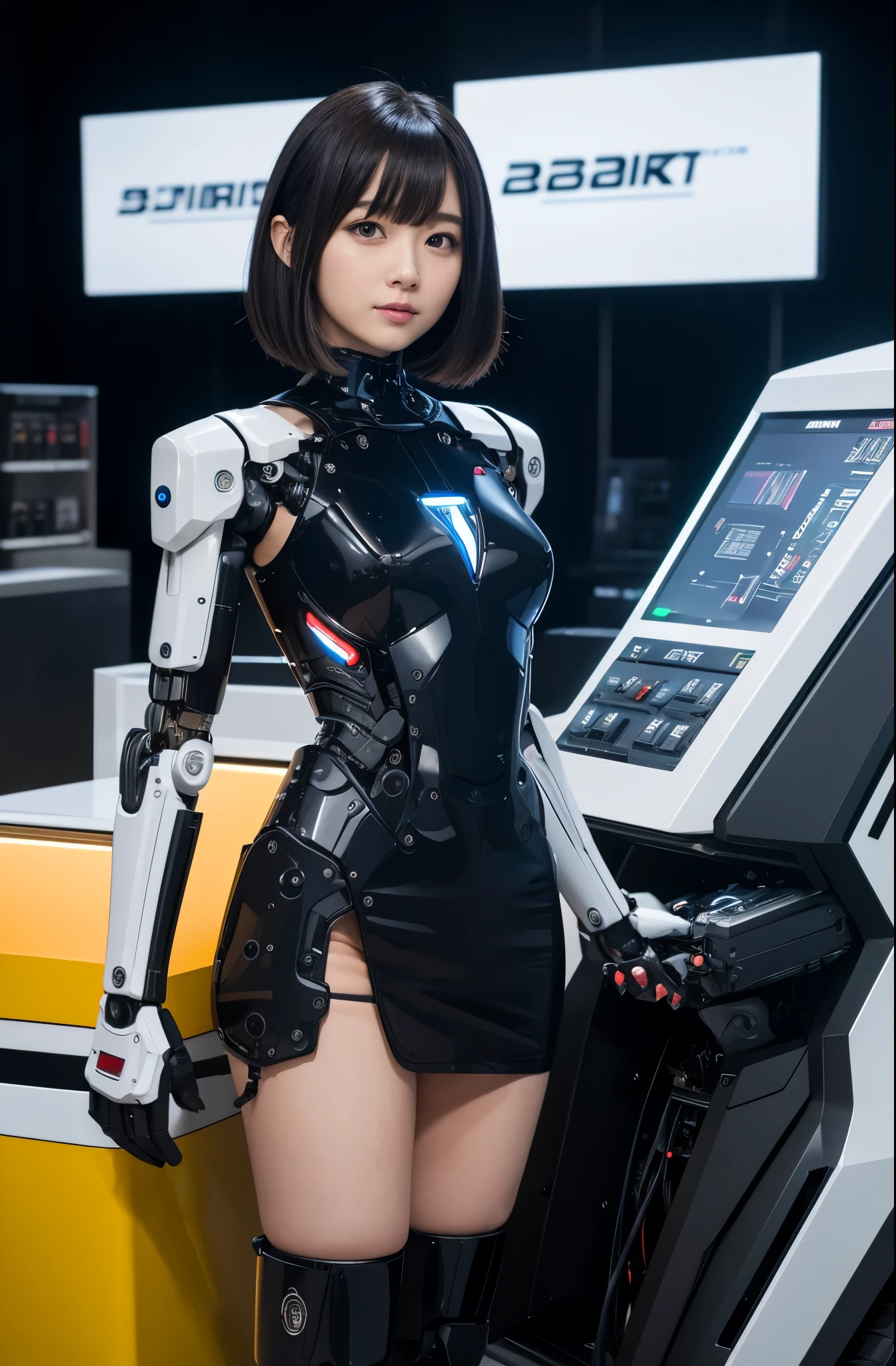 masterpiece, best quality, extremely detailed, (8K, 4K, Best Quality, hight resolution, 超A high resolution:1.1), (masutepiece, Realistic, Photorealsitic:1.1), Japaese Cyborg girl,Plump , control panels,android,Droid,Mechanical Hand, Robot arms and legs, Black Robot Parts,Black hair,Mechanical body,Blunt bangs,White robotics parts,perfect robot girl,future information counter,reception,long tube,thick cable connected her neck,ceramic body ,mechanical body, mechanical costume,android,robot,humanoid,cyborg,information office,japanese android receptionist ,mechanical chest,control panels,android,Droid,Mechanical Hand, Robot arms and legs, Black hair,Mechanical body,Blunt bangs,perfect mechanical abdomen,White robotics parts,perfect robot woman,She is powered by electricity,white robot body,perfect mechanical body,black sponge joints,The removable cover is on the groin,The connection port is on the groin,access panel on the chest,miniskirt,pleated skirt,dress shirts,dark black tights,perfect machine body,She has repaired now,perfect robot girl,robot receptionist,robot concierge,She is in information counter,