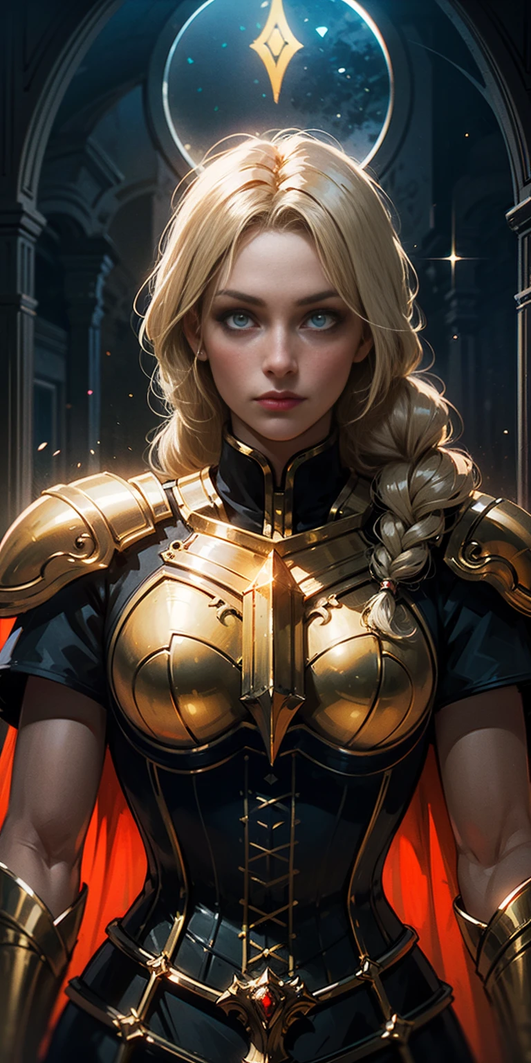 upper body of paladin lady in ornate golden armor, black collar, pauldrons, breastplate, corset, glowing halo, single braid, blonde, yellow glowing eyes, bright pupils, eye focus, red cape, temple indoors, stained glass windows, night, moonlight, particles, light beam, chromatic aberration
