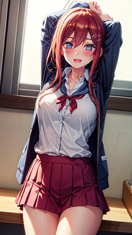 最高画質,1girl, solo, looking at viewer, blush, smile, open mouth, shirt, thighs, school uniform,shorts, hairclip, indoors, clothes lift, arm up, short skirt, skirt lift, pink panties, lifted by self,underboob, school,