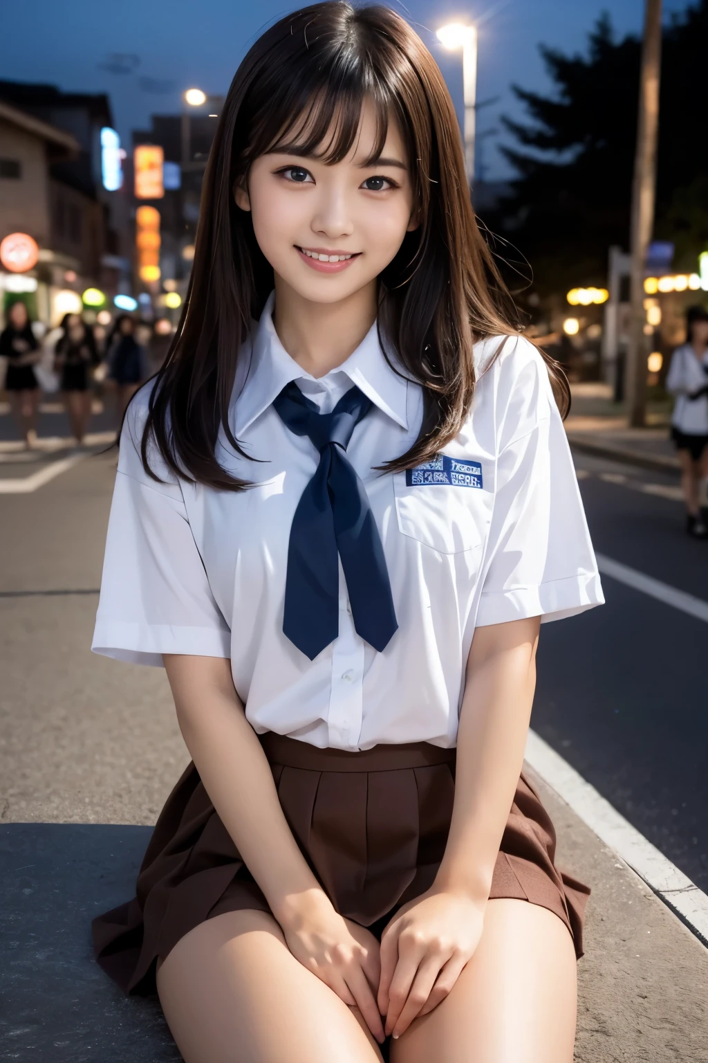 A standing girl whose whole body is reflected、highest quality、face focus、soft light、(Depth of bounds written)、Super high resolution、School Uniform、JK、high school girl uniform、(Photoreal:1.4)、Raw photo、(on lap:1.4)、standing position, (full of embarrassment、laughter:1.1)、(brown eyes)、detailed beautiful face、(hair length)、high angle shot、center view、Two arafe asian women standing on a neon street at midnight、Phenomenally cute girl、japanese girl、surreal high school girl、high school girl pose、Full body Esbian、nice skin、glowing skin、nice thighs、Shining thighs、shining legs、on lapの黒いハイソックス、Japanese high school 、Nogizaka Idol、korean idol、please invite me inside、((inviting eyes))