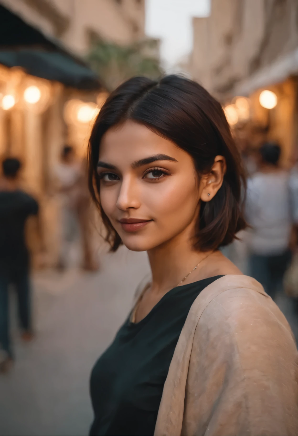 Skinny indian girl with short lob hair,travellers, in the style of rap aesthetics, girl，gentle smile, short hair, dubai , uae，make for a memorable photo.      The background is to the of traditional arab streets and vibrant nightlife，photo taken with fujifilm superia, charly amani, oversized portraits, babycore, upper body, crowded busy street