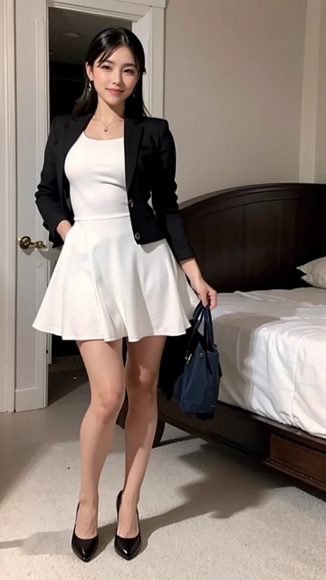 detailed, reasonable design, sharp lines,highest quality,Bright and dark light,Canon Photo Crystal Clear ,（Realistic),standing、Take a full body photo,laughter、glamorous figure、shortcut、Tennis Dresses、Have a racket、on the tennis coat