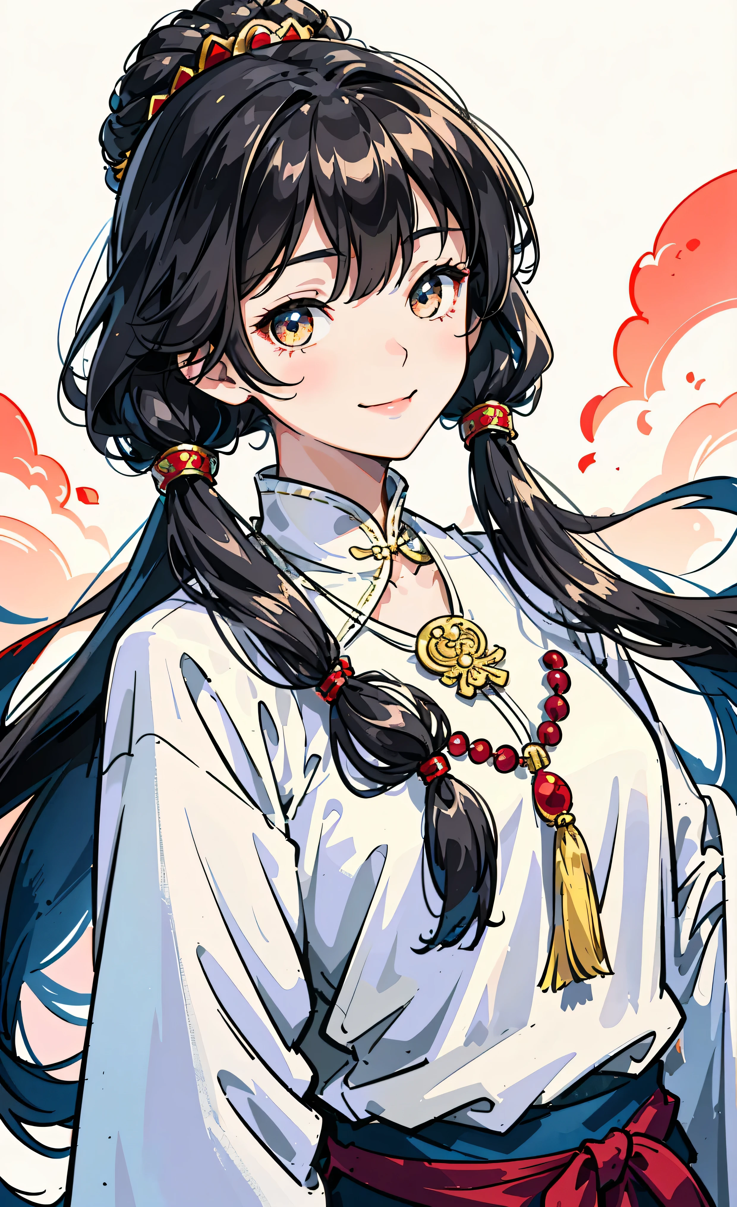 A girl, long braids, Tibetan girl, close-up, slightly raised head, smile, bust photo, upper body, appearance Yang transcendence, gorgeous Tibetan costume, cumbersome Tibetan necklace, cumbersome Tibetan headdress, fluff on clothes, white animal flull, real person CG, sweet style, film style, HD 4K