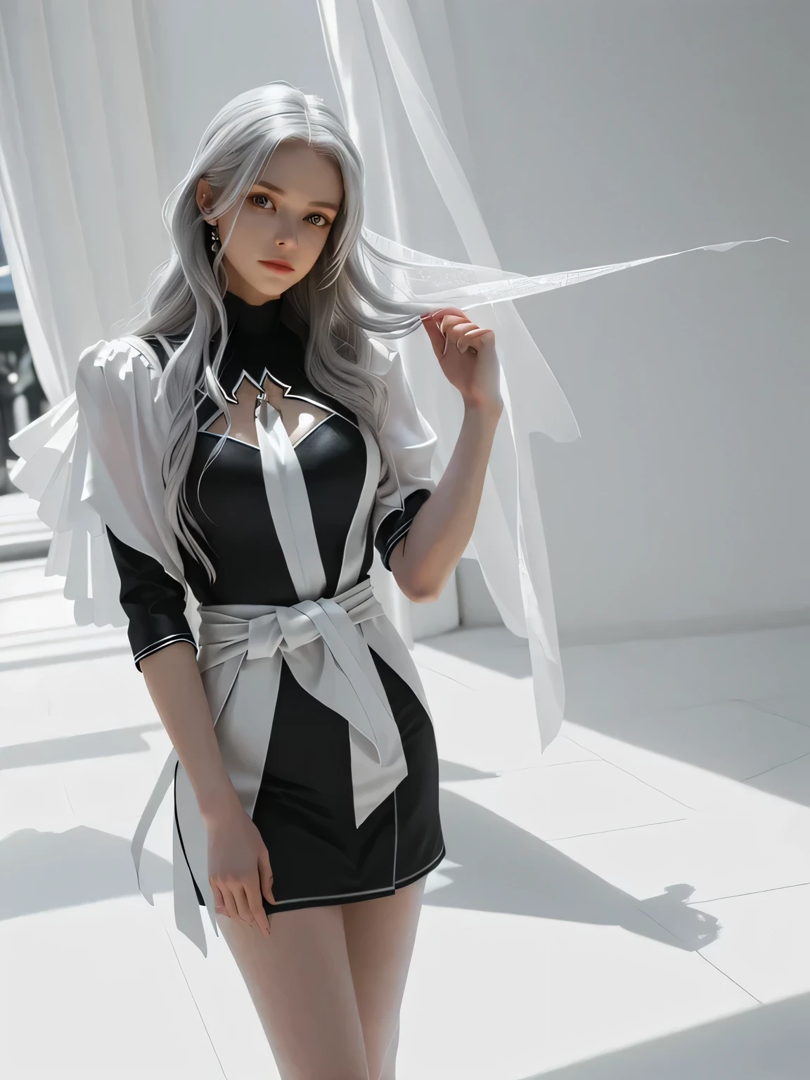 (Extreme Detail CG Unity 8K wallpaper, masterpiece, highest quality), (Exquisite lighting and shadow, highly dramatic picture, Cinematic lens effect), a beautiful girl in a white Spider-Man costume, white lingerie, silver gray hair color, long hair, from the Spider-Man parallel universe, Wenger, Marvel, Spider-Man, on the restaurant, very beautiful face, dynamic pose), (excellent detail, excellent lighting, wide angle), (excellent rendego on restaurant, enough to stand out in its clasocus on white Spider-Man costumes, complex spider textures