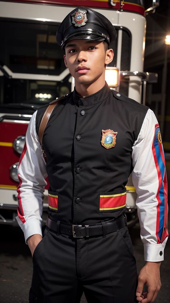 UK, ((30s young firefighter man)), (Lovely erotic black men of beautiful body, perfect handsome and beautiful face:1.3),((shirtless and wear fireman's jacket)), wear a firefighter's uniform, wear firefighter's hat, skinny muscles, abs, top 100 handsome man in the world, bright lights, the background of the fire engine and fire department, Real 8000k professional dslr photo portrait of olpntng style, hauntingly surreal,rich Delicate colors, highly detailed, trending on cgsociety,trending on artstation, gloss, by artgerm, heavy strokes,sharp focus,emitting diodes, a real-life image, big eyes, ultra intricate details, sdxl, sfw, a thick silhouette on the outside of the pants,full of masculinity, uhd picture, clear image, close up,