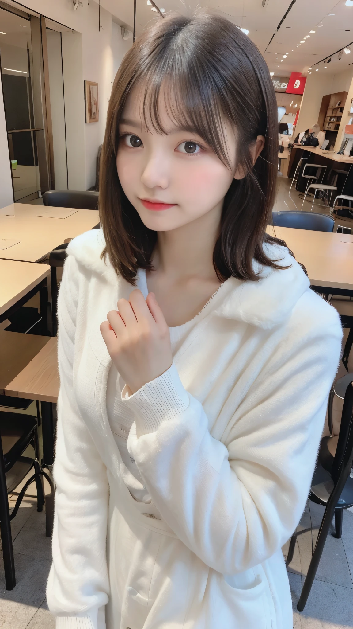 table top, highest quality, figure, super detailed, finely, High resolution, 8k wallpaper, 完璧なダイナミックな構figure, beautiful and fine eyes, woman's fashion fluffy winter clothes,medium hair,small breasts natural color lip, bold sexy pose、20 year old girl、cute、sexy shot looking at camera,RAW photo,anatomically correct body,blur the background,perfect and beautiful face,KPOP idol face,Slim face and body