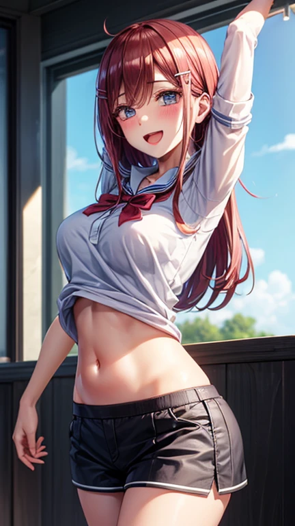 (super flat, flat shading, flat color:1.1), (classroom), 2 girls, tomboy, young , high school girl, slim, small breasts, red hair, open shirt, white bra, Execution in classroom, enjoying, smile, smile, Emotional, wide angle, bright sunshine, best shadows, watercolor