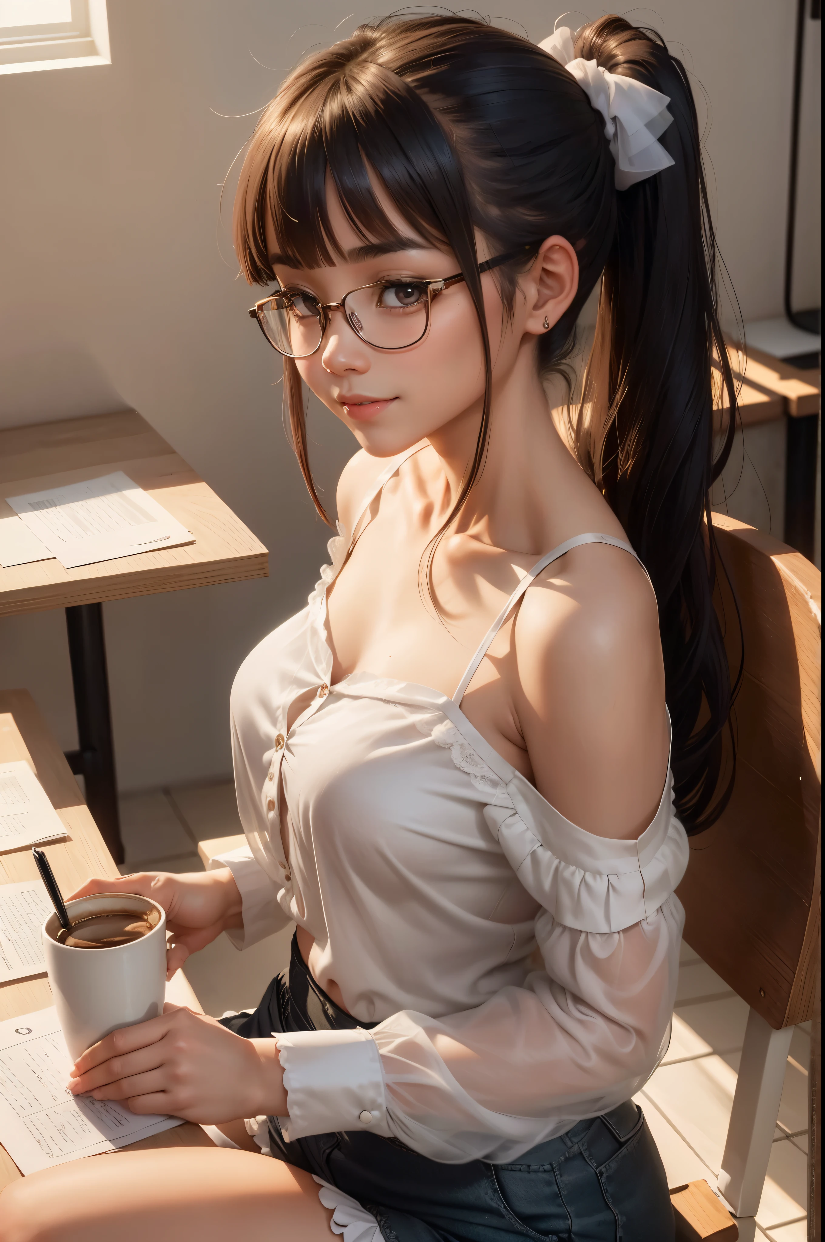 1 beautiful Thai girl, Ponytail, smooth, glasses, smile, sit, Write a book, Coffee cup, café, (White shirt:1.5), See-through fabric, lace, (open left shoulder:1.5), anime, very high