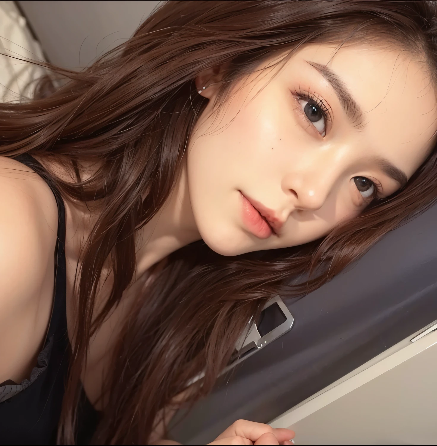 ((Realistic lighting, top quality, 8K, Masterpiece: 1.3)), Clear Focus: 1.2, 1 girl, Perfect beauty: 1.4, Slim abs: 1.1, (((Long dark brown hair, big: 1.2)), (Outdoor, Night: 1.1), City street, Super slender face, Narrow eyes, Double eyelids, Hands on the head, (Full body lying in bed: 1.2), facing the camera, legs open,
