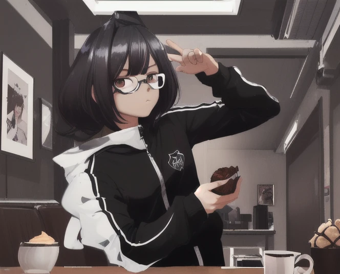 Dark Chocolate Muffin with Peanut Butter Hair, White Square Glasses, Black Tracksuit, Surrealism, By Guillaume Renard, Artist: Kim Sujeong , South Park Created by Matt Stone, Style Of Who is Susie Short Film, 8k, 1080P