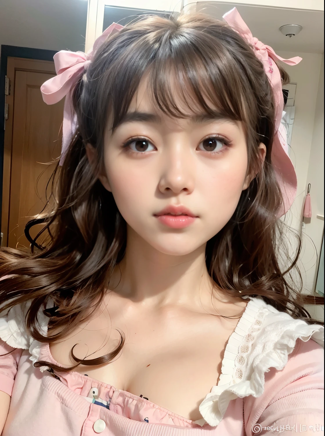 Close-up of a woman with pink shirt and white ribbon, Ulzzang, young adorable korean face, cute natural anime face, popular korean makeup, cute realistic portrait, popular korean makeup, cute hairstyle, cute cute girl, nice delicate face, Larisa Manobar, Clean and cute face, very beautiful cute cat girl, brown hair and large eyes