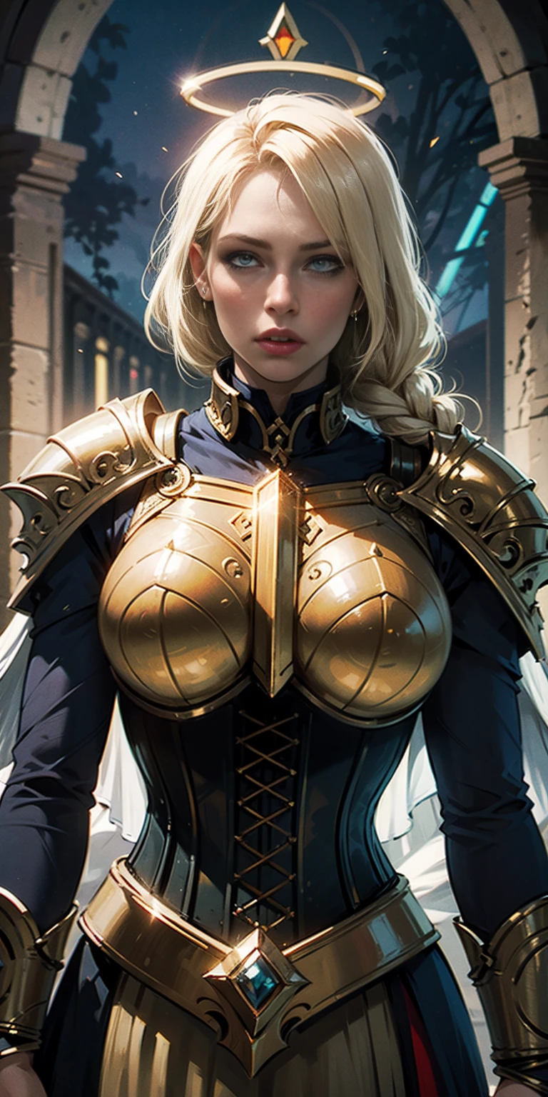 upper body of paladin lady in ornate golden armor, black collar, pauldrons, breastplate, corset, glowing halo, single braid, blonde, yellow glowing eyes, bright pupils, eye focus, red cape, temple indoors, stained glass windows, night, moonlight, particles, light beam, chromatic aberration
