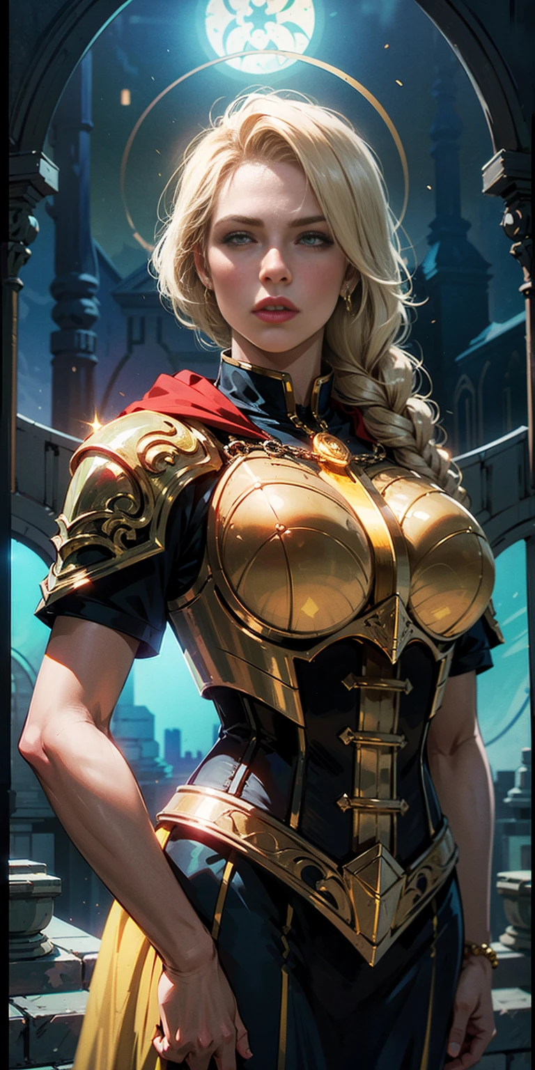 upper body of paladin lady in ornate golden armor, black collar, pauldrons, breastplate, corset, glowing halo, single braid, blonde, yellow glowing eyes, bright pupils, eye focus, red cape, temple indoors, stained glass windows, night, moonlight, particles, light beam, chromatic aberration, left hand on hips, right hands peace sign