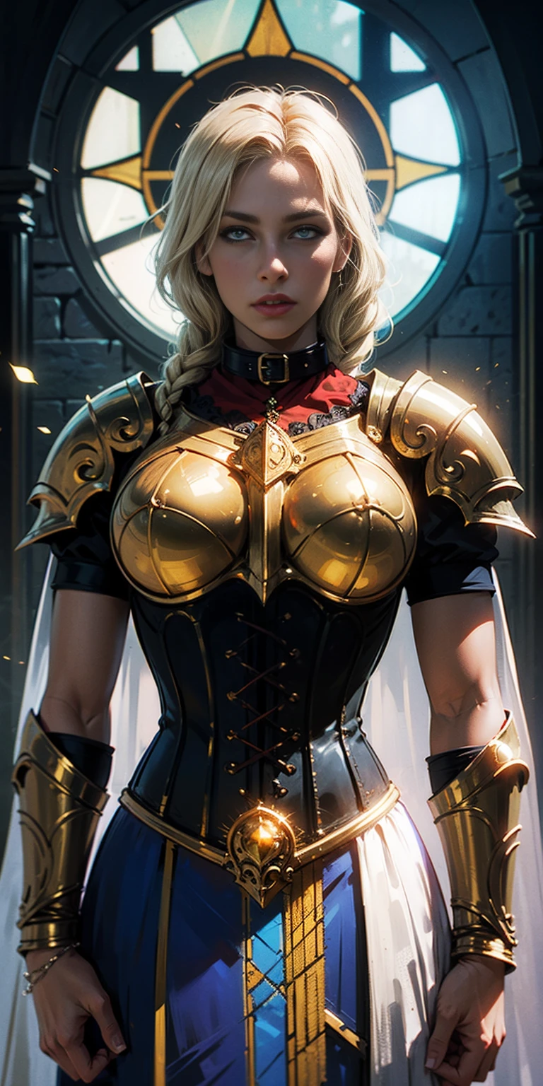 upper body of paladin lady in ornate golden armor, black collar, pauldrons, breastplate, corset, glowing halo, single braid, blonde, yellow glowing eyes, bright pupils, eye focus, red cape, temple indoors, stained glass windows, night, moonlight, particles, light beam, chromatic aberration
