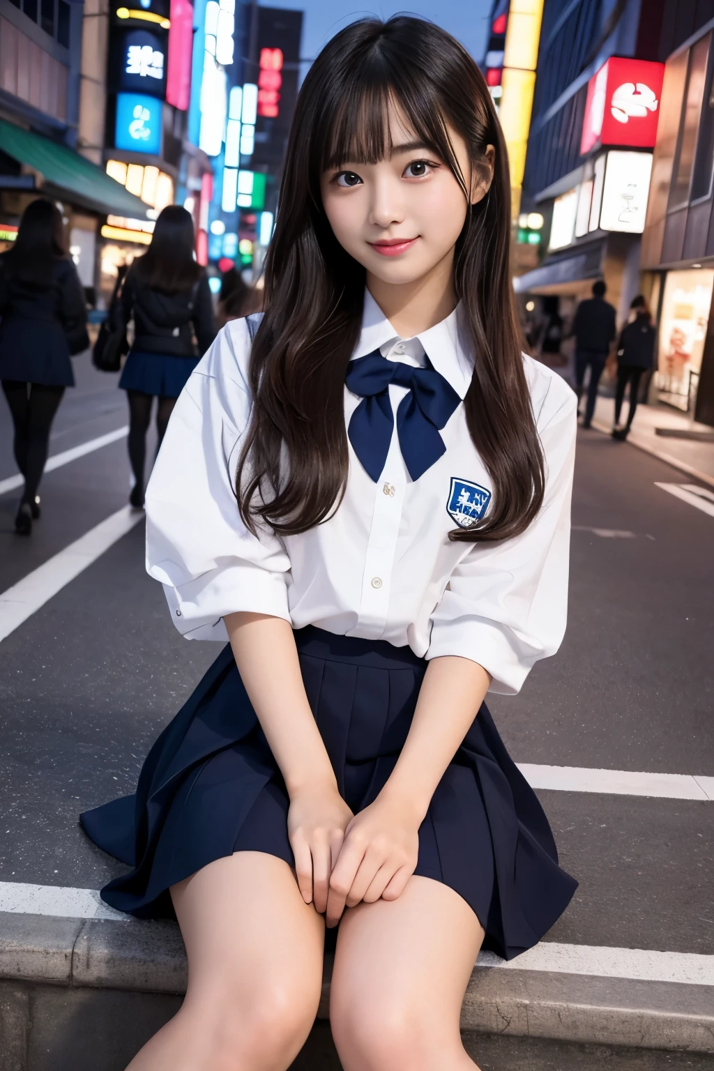 A standing girl whose whole body is reflected、highest quality、face focus、soft light、(Depth of bounds written)、Super high resolution、School Uniform、JK、high school girl uniform、(Photoreal:1.4)、Raw photo、(on lap:1.4)、standing position, (full of embarrassment、laughter:1.1)、(brown eyes)、detailed beautiful face、(hair length)、high angle shot、center view、Two arafe asian women standing on a neon street at midnight、Phenomenally cute girl、japanese girl、surreal high school girl、high school girl pose、Full body Esbian、nice skin、glowing skin、nice thighs、Shining thighs、shining legs、on lapの黒いハイソックス、Japanese high school 、Nogizaka Idol、korean idol、please invite me inside、((inviting eyes))