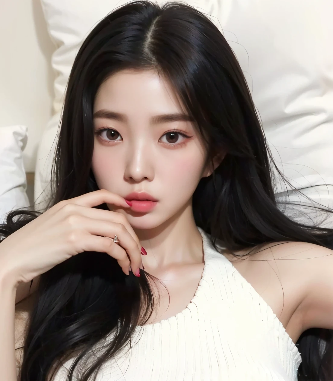 Araffe asian woman with long black hair lying on a bed, jennie rosa negro, beautiful south mujer coreana, muchacha coreana, ulzzang, gorgeous young mujer coreana, beautiful young mujer coreana, jaeyeon nam, pale korean adorable face, Jinyoung Shin, heonhwa choe, joven y adorable rostro coreano, mujer coreana, linda actriz coreana, jennie de blackpink
