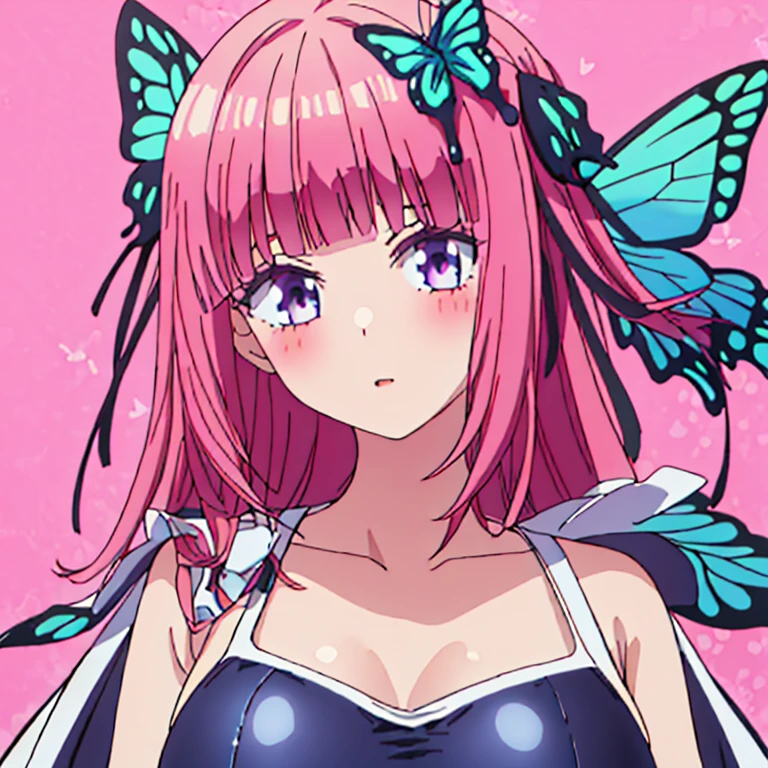 best quality, very aesthetic, Super detailed, best illustration, 1girl, おっぱい, pink_hair, blunt_bangs, butterfly_hair_ornament, school swimsuit