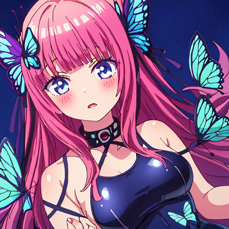 best quality, very aesthetic, Super detailed, best illustration, 1girl, おっぱい, bangs, pink_hair, blunt_bangs, hair_ornament, butterfly_hair_ornament, one-piece swimsuit